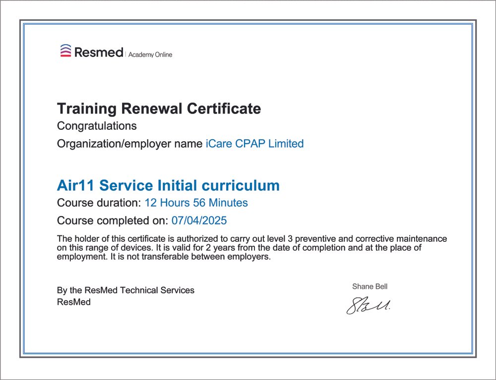 ResMed Training Renewal Certificate - Air11 & Service Initial Curriculum