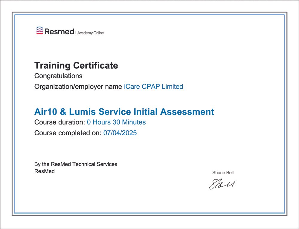 ResMed Training Certificate - Air10 & Lumis Service Initial Assessment