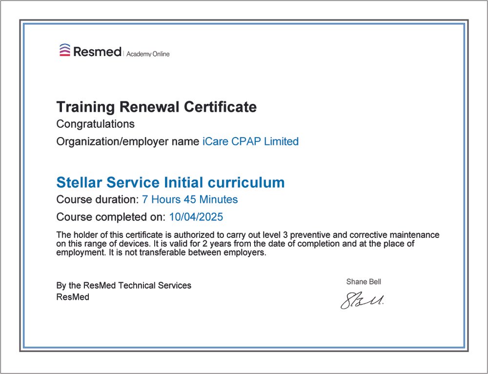 ResMed Training Renewal Certificate - Stellar Service Initial Curriculum